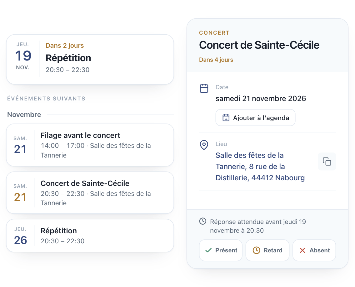 Les événements à venir de l'orchestre et la fiche d'un concert : ajout à l'agenda, horaires, lieu, et la réponse du musicien, présent, en retard ou absent.