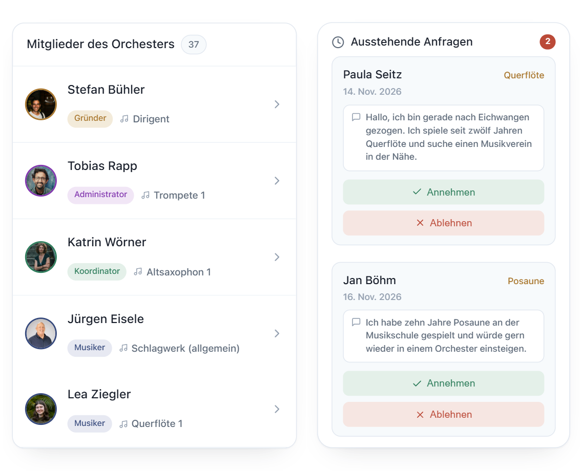Die Mitgliederliste des Orchesters mit der Rolle jedes Mitglieds sowie die Beitrittsanfragen, die Sie annehmen oder ablehnen können.