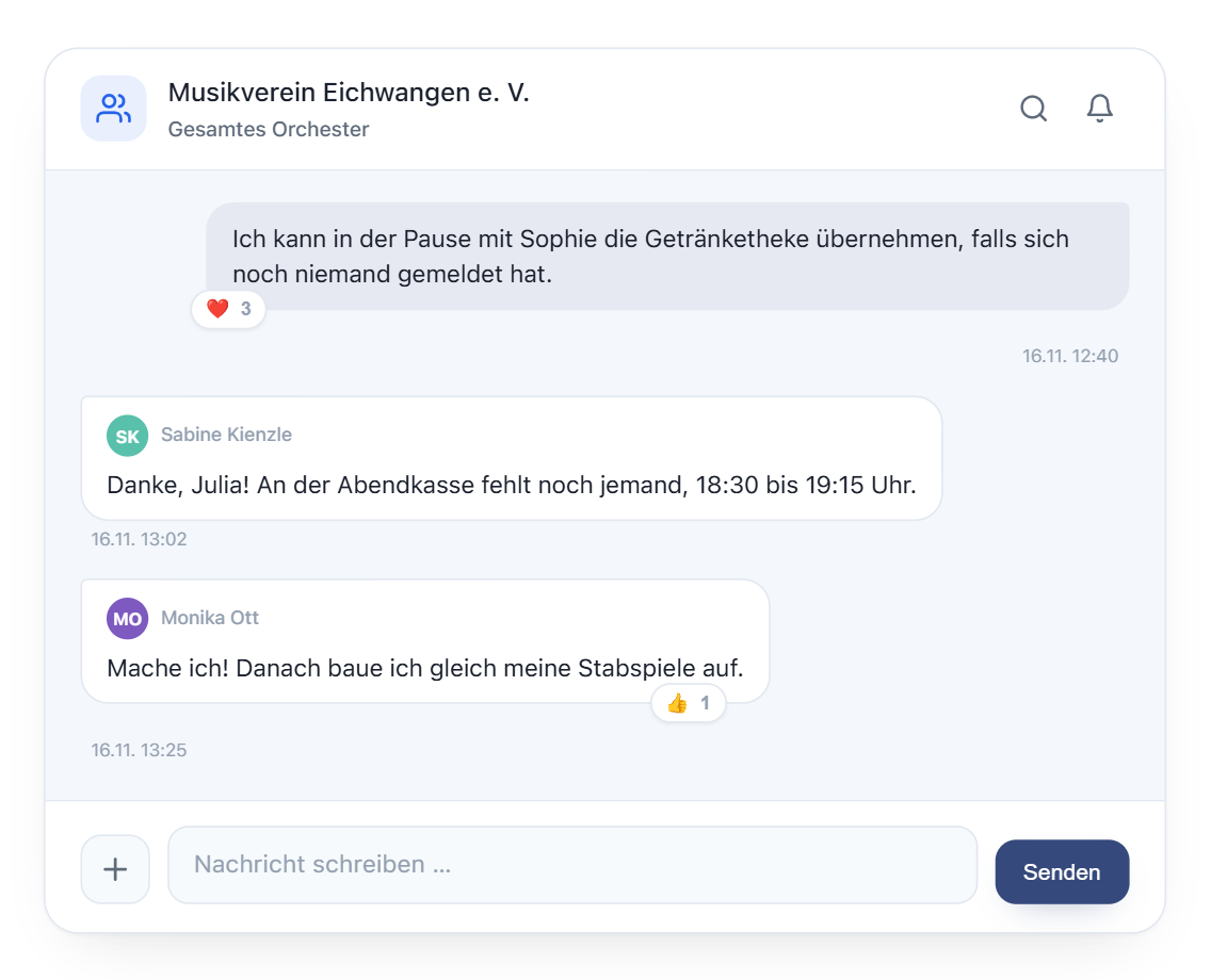 Der Chat des gesamten Orchesters: die Nachrichten jedes Einzelnen und die Reaktionen.