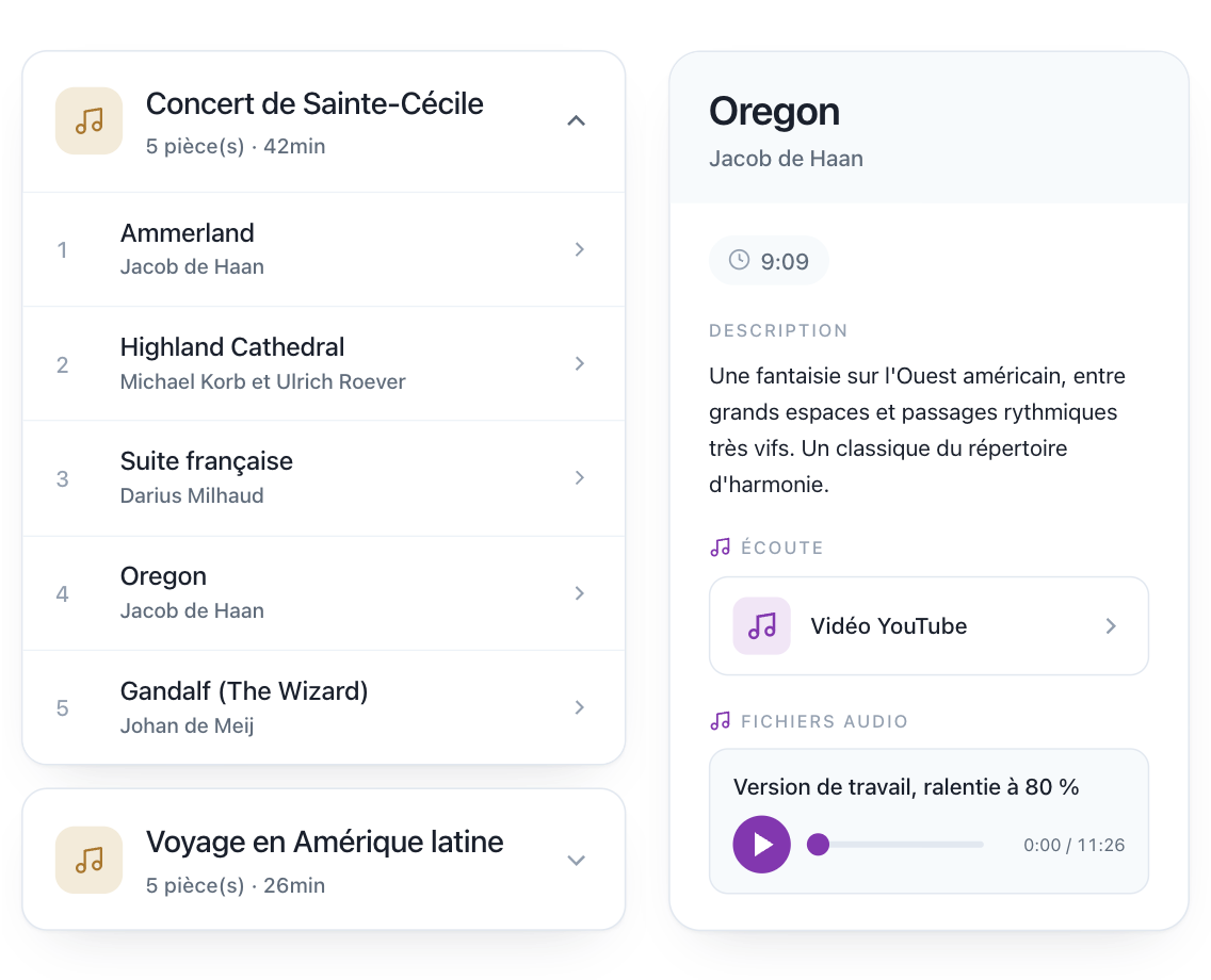 Les programmes de l'orchestre et leurs pièces, avec la fiche d'une œuvre : durée, niveau, description, la vidéo YouTube de référence et une version de travail ralentie.