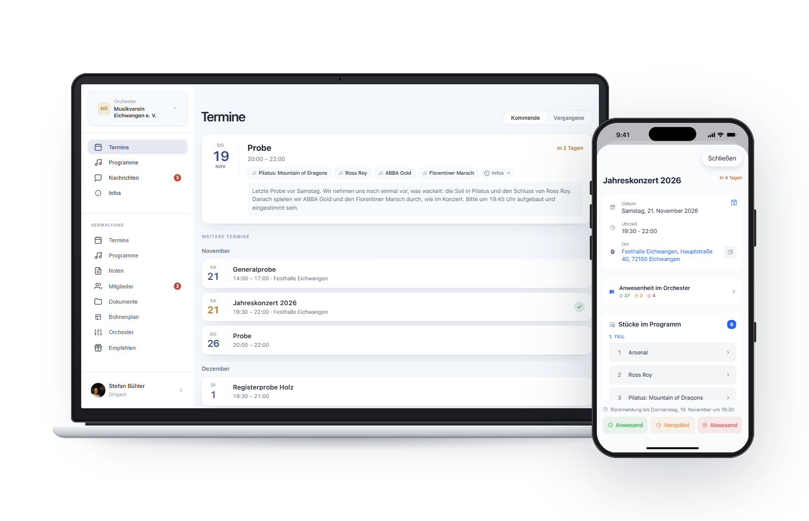 Die Sostenutoo-App auf Computer und Smartphone: die Terminliste eines Orchesters mit dem Programm der Probe und der Anwesenheit.