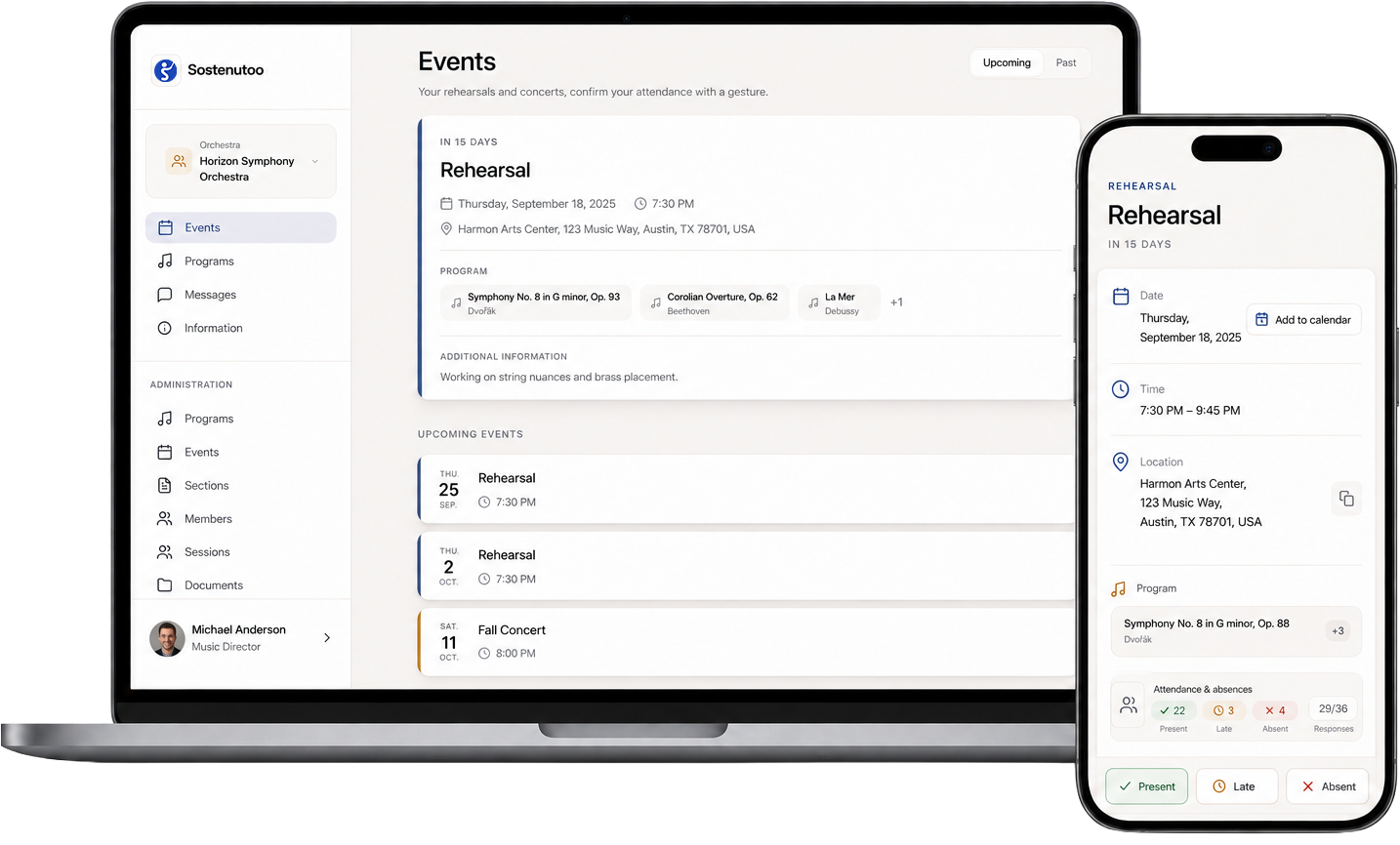 The Sostenutoo app on desktop and mobile: an orchestra's list of events, with the rehearsal programme and attendance.