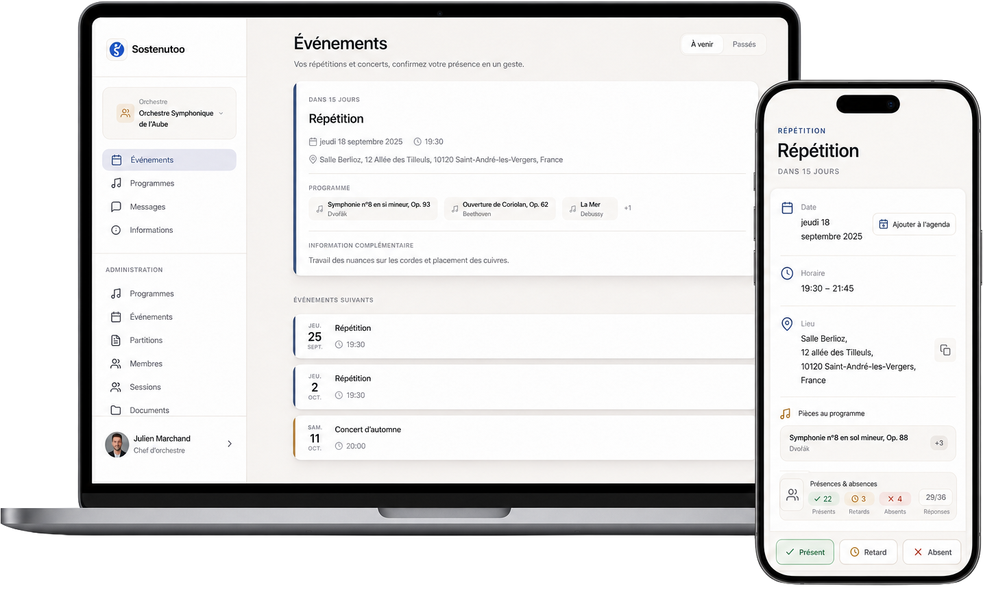 L'application Sostenutoo sur ordinateur et sur téléphone : la liste des événements d'un orchestre, avec le programme de la répétition et les présences.